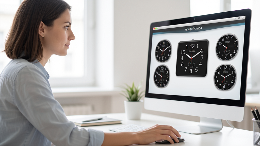 ���壺һ���û����ڵ���ǰʹ��Alwact Clock��������������ʾ���ʱ�ӹҼ����û����ڵ��������õ���ʱ�����֣��û�λ�ڻ�����࣬������Ļλ���Ҳ࣬��Ļ��������ʾ�������档�Ű棺����дʵ��������Ļ����ͻ��������ִ��칫����������ߣ�ǳɫϵ��ϸ�ڣ���Ļ���С�Alwact Clock���������Ҽ���ʾʱ�䣬�û�����רע�����ʣ����壬�ɾ����޶���Ԫ�ء�
