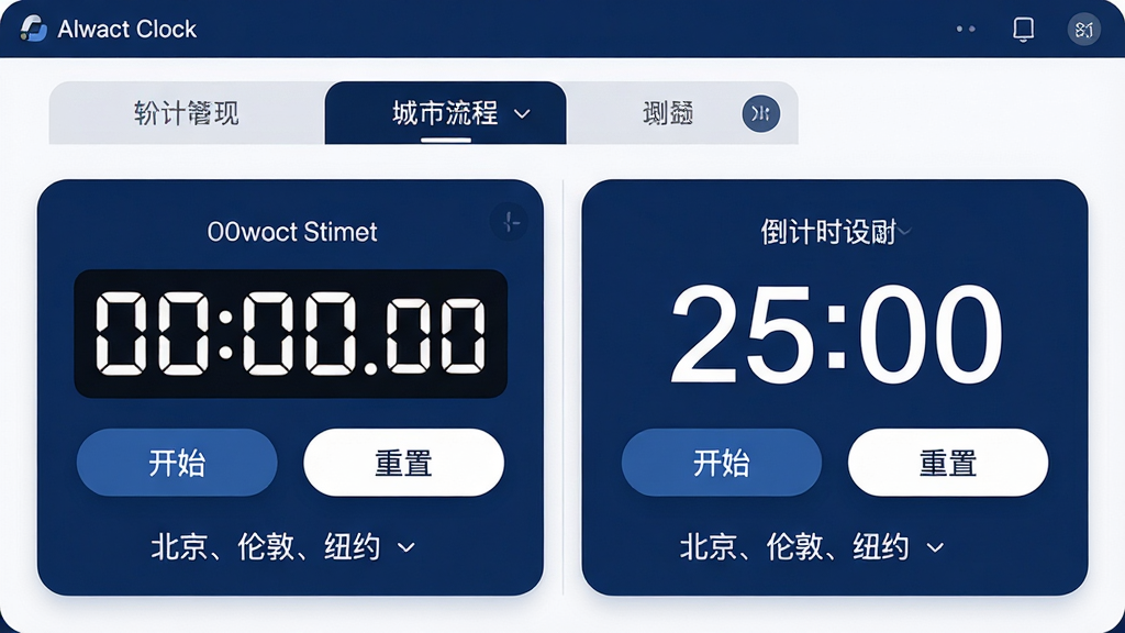 ���壺Alwact Clock �����Ķ๦�ܼ�ʱ��壬���Ϊ������棬�Ҳ�Ϊ����ʱ���ý��档���֣����ҷ�����ƣ��Ϸ��й��ܱ�ǩҳ���Ű棺��Ƭʽ���֣�ÿ������ģ��������֡�����ִ�����磬�����������Ͱ�ɫΪ����Բ�Ǿ���Ԫ�ء�ϸ�ڣ������ʾ00:00.00������ʱ��ʾ25:00����ť�С���ʼ���������á������������б���ʾ���������׶ء�ŦԼ�������ʣ����壬�ɾ����޶���Ԫ�ء�