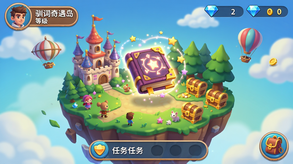 ���壺ѱ����������Ϸ�����棬һ��ɫ�ʰ�쵵�Ư�����죬�������гǱ���ɭ�ֺͱ����䣬������������һ�������ħ���顣���֣���������Ϊ����ȫ�������Ͻ���ʾ���ͷ��͵ȼ������Ͻ���ʾ��ʯ�ͽ���������ײ�Ϊ�������ͱ�����ť���Ű棺UI������Ϸ�����֣�ͼ��Բ�����������������Ӿ������ڵ����ħ�����ϡ���񣺿�ͨ��÷��ɫ�������ḻ����Ӱ��ͣ�ϸ�ھ��¡�ϸ�ڣ���������΢С������Ͷ�����Ʈ���ƶ��������ħ������Χ�����Ǻ͹�㻷�ơ����ʣ����壬�ɾ����޶���Ԫ�ء�