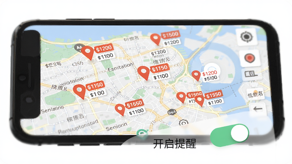 �ֻ���Ļ��ʾ���ͼ��״���ܽ��棬��Ļ����һ�ų��е�ͼ����ͼ��ɢ���Ŷ����ɫ��λͼ�꣬ÿ��ͼ���Ա��м۸��ǩ���ײ��С��������ѡ����ذ�ť������Ϊ��ɫ������Լ���£��Ű�����������ϸ�壬�޶���Ԫ�ء�