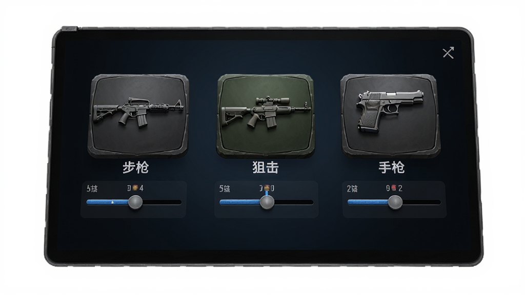 展示辅助器设置界面,屏幕上罗列多种模式图标,如“步枪”、“狙击”、“手枪”,每个图标下方有参数调节滑条,背景为深色渐变,界面简洁,图标立体感强,细节精致,画质高清,无多余元素。