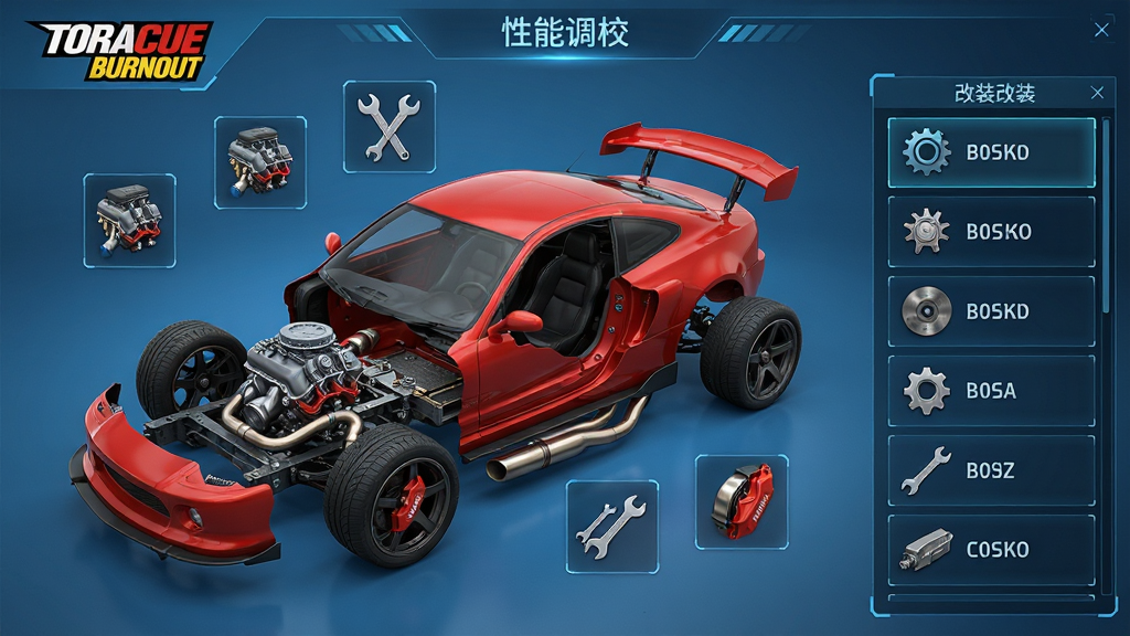 ���壺��Torque Burnout��������װ���棬չʾһ����ɫ�ܳ��ĵ��̽ṹ����Χ�пɸ��������ͼ�ꡣ���֣��������У��ʱ�ըͼ��ʽչʾ�ڲ����죬�Ҳ��б���ʾ��װѡ��Ű棺UI�����񣬿Ƽ���ǿ��ͼ����������񣺰�дʵ��UI������ɫ��������ϸ�ڣ��������������ܡ�ɲ����ǯ�����ģ�;�ϸ����Ļ����ʾ�����ܵ�У�����������ʣ�������Ⱦ������ɾ��޶���Ԫ�ء�