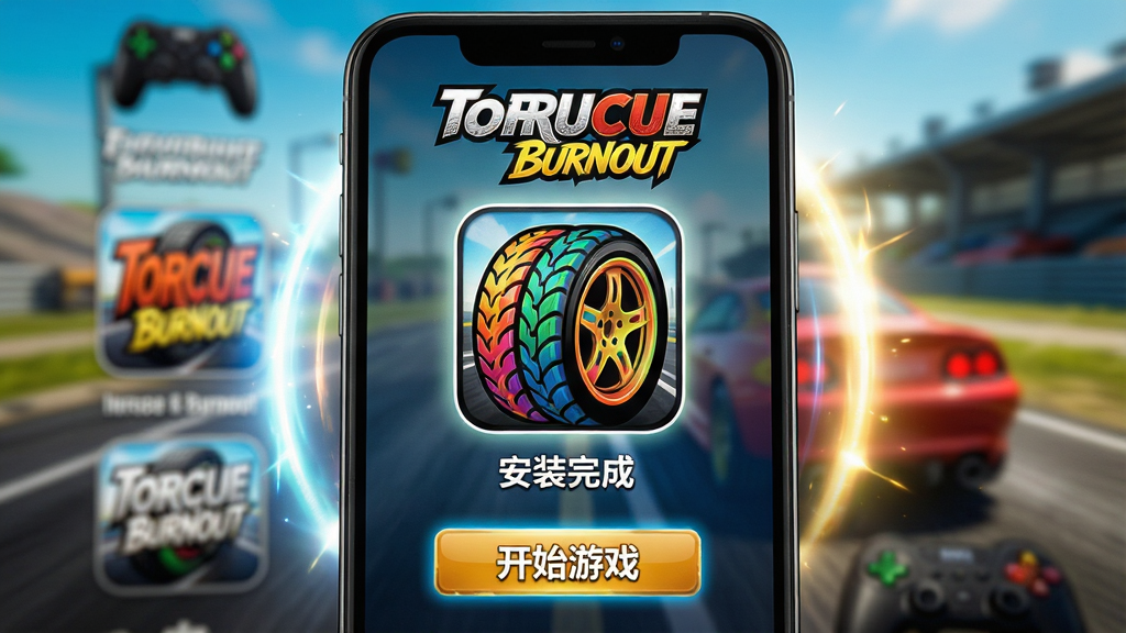 ���壺��Torque Burnout����Ϸ��װ���棬�ֻ���Ļ��ʾ����װ��ɡ�ͼ�꣬����Ϊ��Ϸ���˵������֣��ֻ����У���Ļ����ʾ��Ϸͼ���롰��ʼ��Ϸ����ť����Χ�й�Ч���Ű棺��д��ͷ������չʾ��װ�ɹ�״̬�����дʵ�������ɫ����ϸ�ڣ��ֻ���Ļ���С�Torque Burnout��������ͼ��Ϊ��ɫ��̥�����ʣ����壬�ɾ��޶���Ԫ�ء�