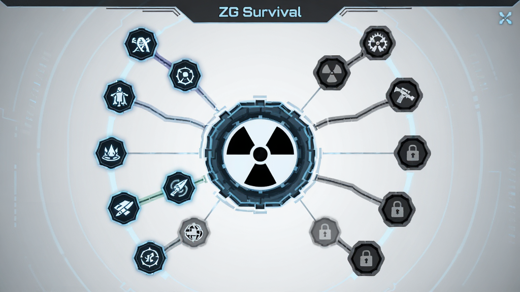 ��ZG Survival����Ϸ��ɫ����������Ԥ���������Ƿ���״�ֲ��ļ��ܽڵ�ͼ�꣬���־��жԳƣ��Ű��������������죬���Ϊ�Ƽ�����ɫ��UI��ϸ�ڰ�����ͬ��֧�ļ���ͼ�������δ����״̬�����������ɾ����޶���Ԫ��