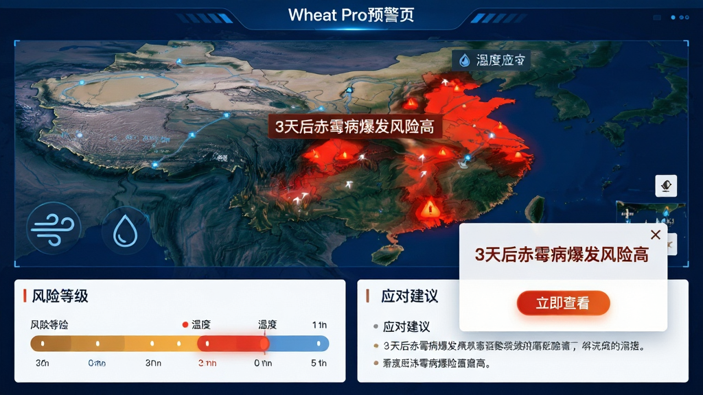 ���壺Wheat ProԤ��ҳ�棬��ͼ�ϱ��߷������򣬲���ʾ��3����ù���������ոߡ��ľ��档���֣���ͼռ��Ļ�Ϸ����·�Ϊ���յȼ�����Ӧ�Խ��顣�Ű棺��ͼ�����ǿ��Ԥ����Ϣͻ������񣺿Ƽ��У��������������ɫ��ϸ�ڣ���ͼ���з������ʪ��ͼ�꣬Ԥ�������С������鿴����ť�����ʣ���ϸ���ɾ����޶���Ԫ�ء�