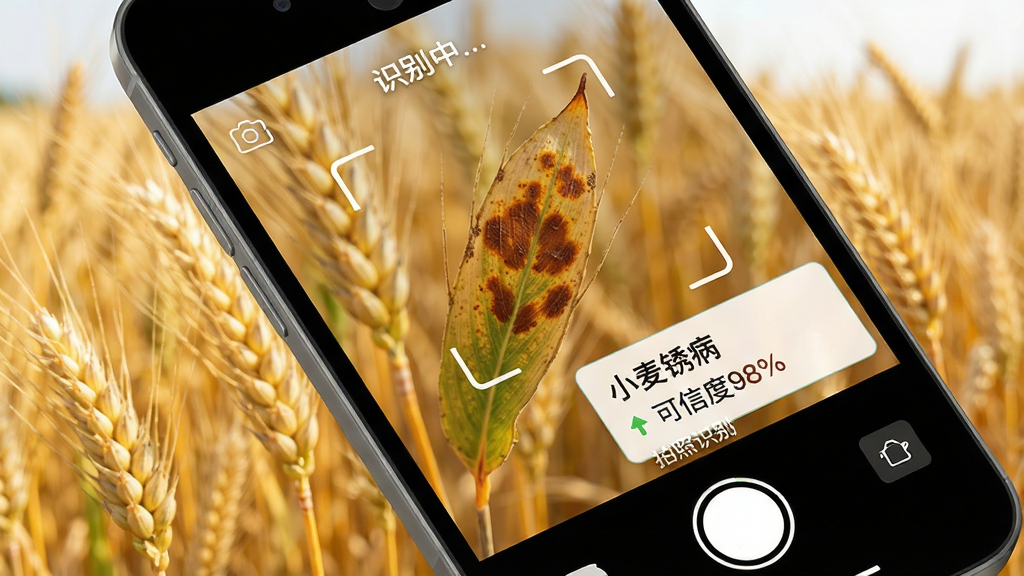 ���壺Wheat ProӦ��ͼ�����ֻ�����ʶ����棬�����׼һƬ����ߵ�С��ҶƬ�����֣��ֻ���б45�ȣ���Ļ��ʾʶ���͡�ʶ����...������������Ϊ��ɫ���ˡ��Ű棺�����Լ���ײ��С�����ʶ�𡱰�ť����񣺸��������񣬹��߳��㡣ϸ�ڣ�ҶƬ�ϵ���������ɼ�����Ļ�е�����С���ⲡ ���Ŷ�98%������ʾ�򡣻��ʣ��������ɾ����޶���Ԫ�ء�