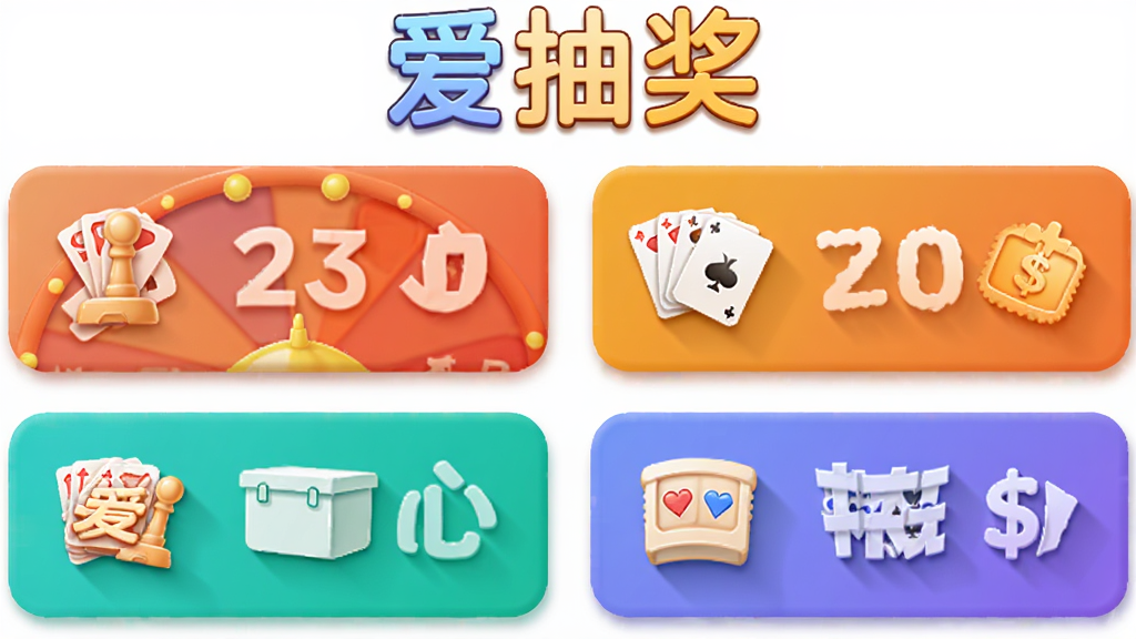 image of lottery wheel and cards, multiple modes displayed as icons, layout is a grid of 4 options, style is colorful with soft shadows, text 