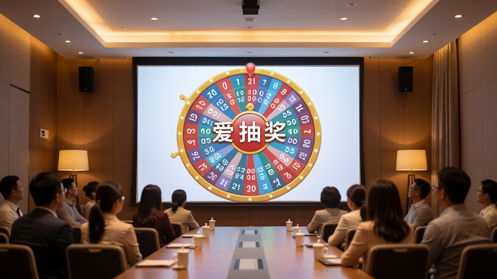 image of a large screen projecting a lottery wheel, people watching in a conference room, layout is wide angle, style is realistic, warm lighting, text 