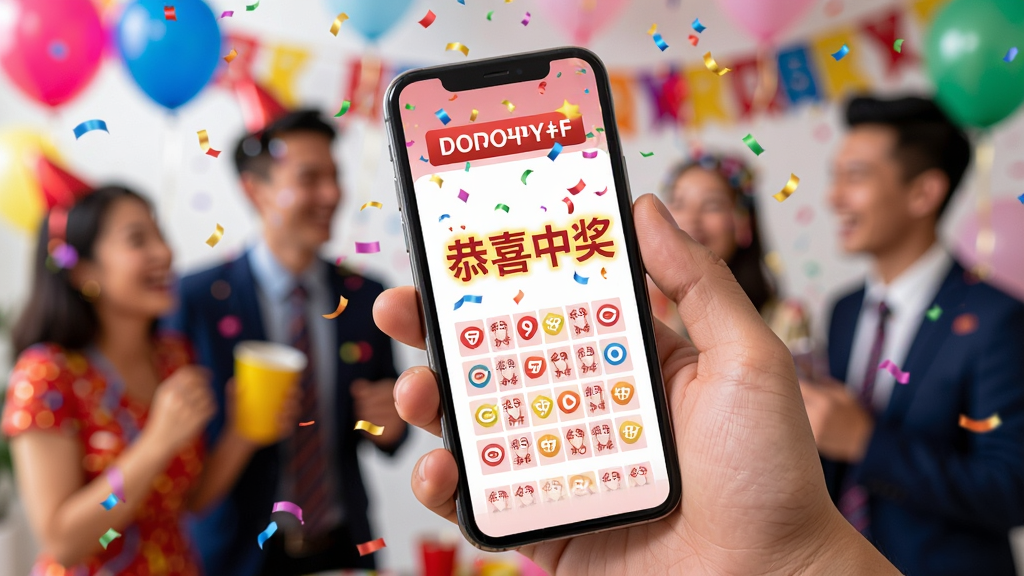 image of a person holding a smartphone showing a lottery result, screen displays 