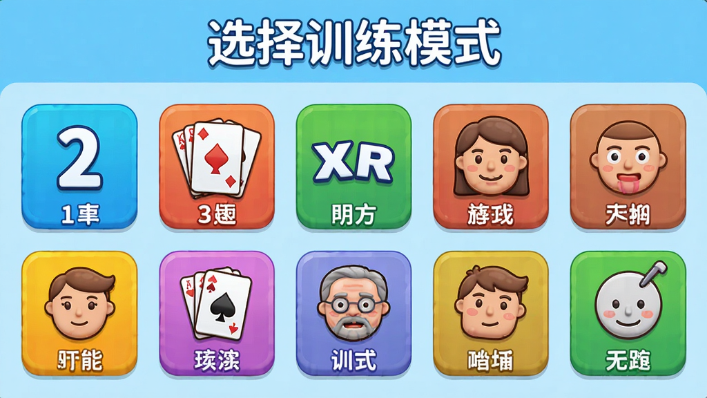 չʾ������ߴ�ʦ�ḻ��ѵ��ģʽѡ����棬��������������ʽ�����˶���ѵ��ͼ�꣬�������֡��˿��ơ����ʡ���׵ȣ�ÿ��ͼ���·������Ʊ�ǩ������Ϊǳ��ɫ���Ϸ��С�ѡ��ѵ��ģʽ���ı��⣬��������ã�ɫ�����ޣ����ʸ��壬�޶���Ԫ��