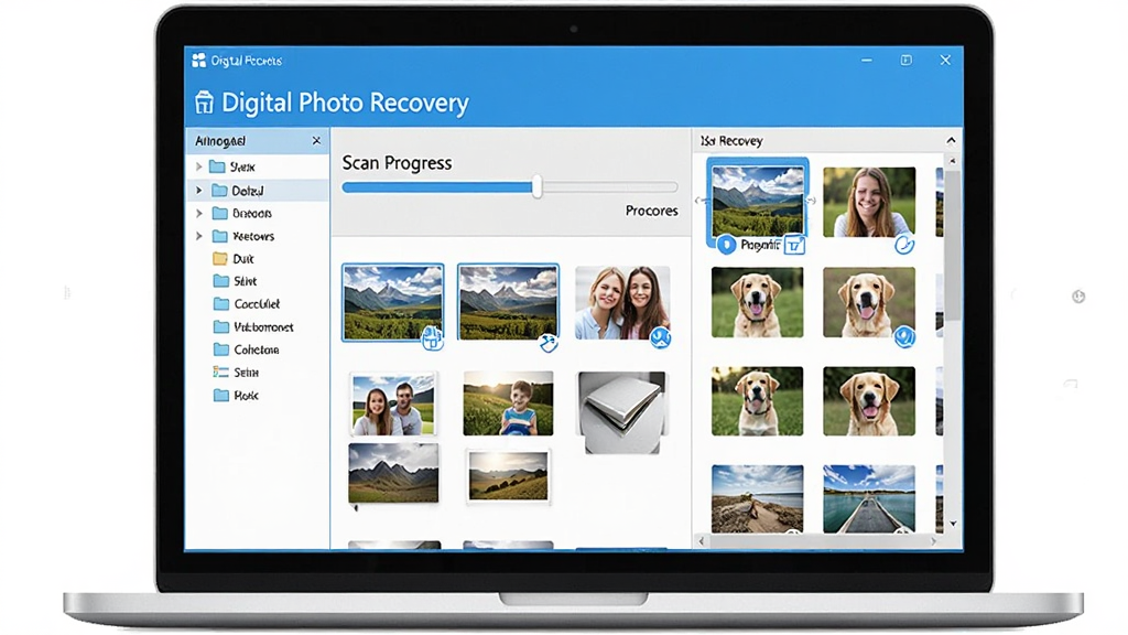 ���壺Digital Photo Recovery��������չʾ��һ̨�ʼǱ�������Ļ����ʾɨ��������ͻָ�����Ƭ����ͼ�����֣�����λ�ڻ������룬������ļ����б����Ҳ���ʾɨ�����ͼƬ�����Ű棺�����������࣬���ܰ�ť�������򡣷���ִ��Ƽ��У�ɫ����������ɫ������ϸ�ڣ���Ļ����ʾ��Digital Photo Recovery����������Ƭ����ͼ�����羰���������ȡ����ʣ����壬�ɾ����޶���Ԫ�ء�