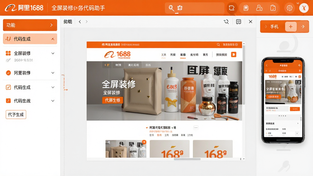 ���壺����1688ȫ��װ�޴������ֵ��������棬չʾ���ӻ��༭����ʵʱԤ�����ڡ����֣����Ϊ������壬�м�Ϊ�༭�����Ҳ�Ϊ�ֻ�/����Ԥ���л���ť���Ű棺�����Ĺ��ܷ����������в˵����Ϳ�ݹ���ͼ�ꡣ����ִ���ƽ����ƣ���ɫ��Ϊ��ɫ�Ͱ�ɫ�����ϰ���Ͱ�Ʒ��ɫ��ϸ�ڣ���������ʾ��ȫ��װ�ޡ��͡��������ɡ������ֱ�ǩ��Ԥ������չʾһ��������1688������ҳװ��Ч�������ʣ����塢�ɾ����޶���Ԫ�ء�
