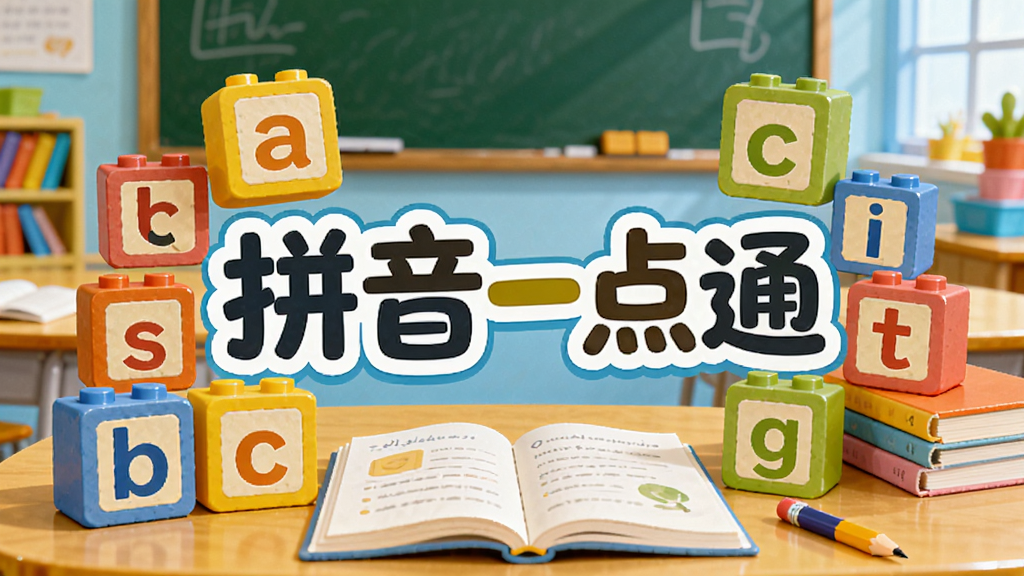 画面中央展示“拼音一点通”品牌名称,四周环绕卡通化的拼音字母积木,背景为明亮的教室场景,桌面摆放书本和铅笔,整体风格活泼可爱,色彩饱和度高,采用扁平化插画风格,细节丰富,画质清晰干净,无多余元素