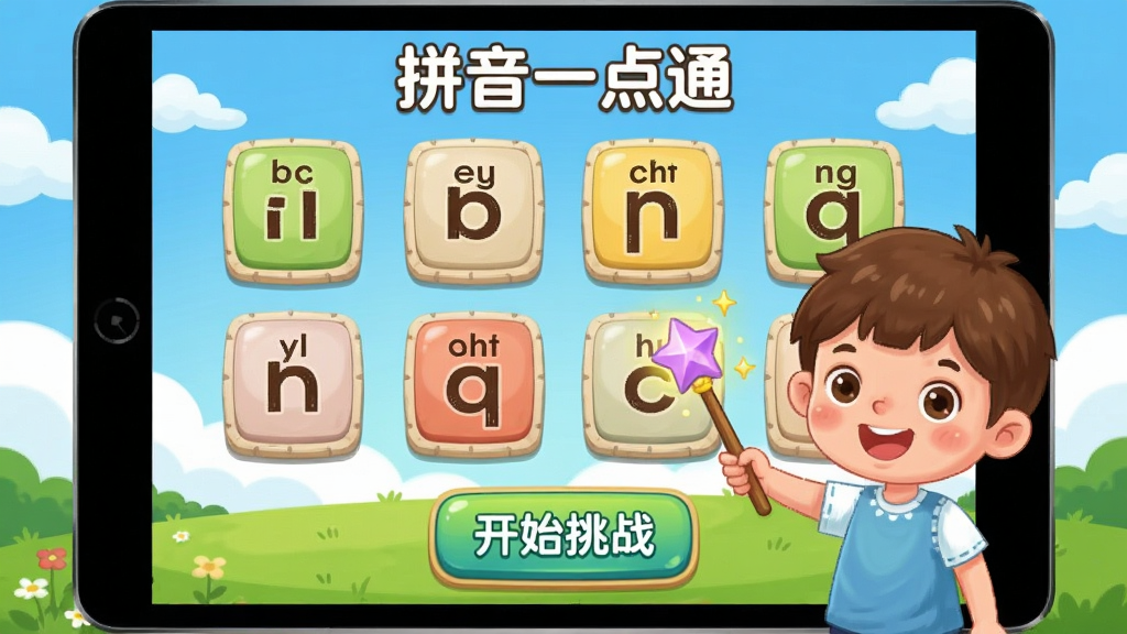 展示“拼音一点通”闯关界面,屏幕上显示多个卡通关卡图标,每个关卡标注拼音字母,下方有“开始挑战”按钮,背景为蓝天白云草地,主体为手持魔法棒的孩子角色,布局清晰,排版活泼,风格为儿童插画,细节丰富,画质高清,干净无多余元素