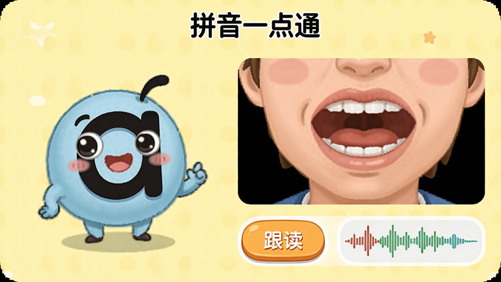展示“拼音一点通”发音教学页面,左侧为字母“a”的卡通形象,右侧为口型示范动画截图,下方有“跟读”按钮和录音波形图,背景为淡黄色,整体布局简洁,风格为可爱卡通,细节丰富,画质清晰,干净无多余元素