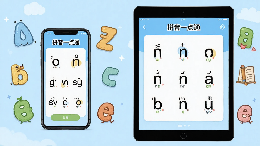 展示“拼音一点通”在手机和平板上的使用场景,画面左侧为手机,右侧为平板,屏幕上显示拼音学习界面,周围有卡通字母装饰,背景为浅蓝色,布局为左右对称,风格为清新简洁,细节丰富,画质高清,干净无多余元素