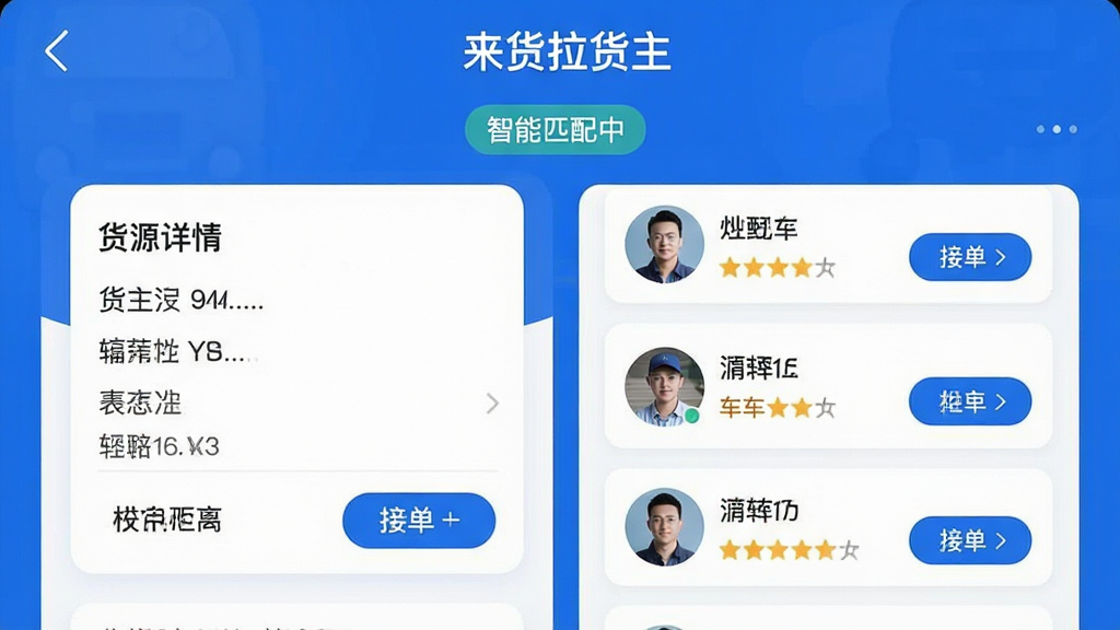 ���壺����������APP������ƥ�书��ҳ�棬չʾ����������Դ��ϵͳ�Ƽ�˾���б������֣����ҷ��������Ϊ��Դ���鿨Ƭ���Ҳ�Ϊƥ��˾��ͷ���������Ϣ���Ű棺�����б�ʽ��ƣ������С�����ƥ���С�״̬��ʾ������ִ�UI���������ɫ��Բ�ǿ�Ƭ��ϸ�ڣ�˾����Ƭ��ʾ���������ơ�������ӵ���ť����Ļ�Ϸ��С����������������������ʣ���������ͼ��񣬸ɾ��޶���Ԫ�ء�