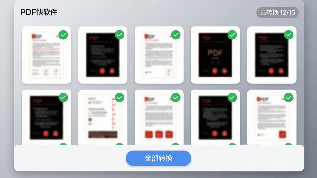 ���壺PDF��ת��������ת�����棬�����������Ŷ��PDF�ļ�����ͼ���ײ��С�ȫ��ת������ť������Ϊ���Ľ����ɫ�����֣��ļ�����ͼ��������ʽ���У�ÿ������ͼ���Ͻ�����ɫ�Թ���ʾת����ɡ��Ű棺��Ƭʽ���֣���ťΪ��ɫԲ����ʽ������ִ�ʵ�ã�ɫ�����¡�ϸ�ڣ�����ͼ��ʾPDF����ģ��Ԥ������ť�����֡�ȫ��ת�������������Ͻ���ʾ����ת�� 12/15�����������ʣ�4K���壬�ɾ����޶���Ԫ�ء�