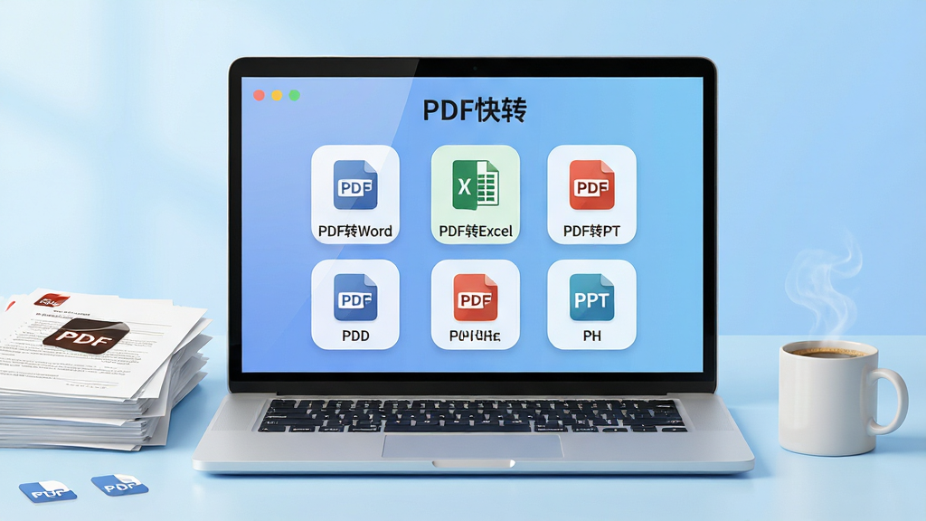 ���壺һ̨�ִ��ʼǱ�������Ļ��ʾPDF��ת���������棬��������չʾ��PDFתWord����PDFתExcel����PDFתPPT���ȹ���ͼ�꣬�Ա߷���һ��ֽ���ĵ���һ�����ȡ����֣����Ծ��У�����ͼ����������У�����Ϊǳ��ɫ���乤��̨���Ű棺����ƽ����ƣ�ͼ����Բ�ǣ��������ֱ�ע��PDF��ת����������񣺿Ƽ��С�����硢����ͨ͸��ϸ�ڣ���Ļ������ͣ�ֽ���ļ���ӡ��PDF��־�����ȱ��е������������ʣ�8K�����壬�ɾ����޶���Ԫ�ء�
