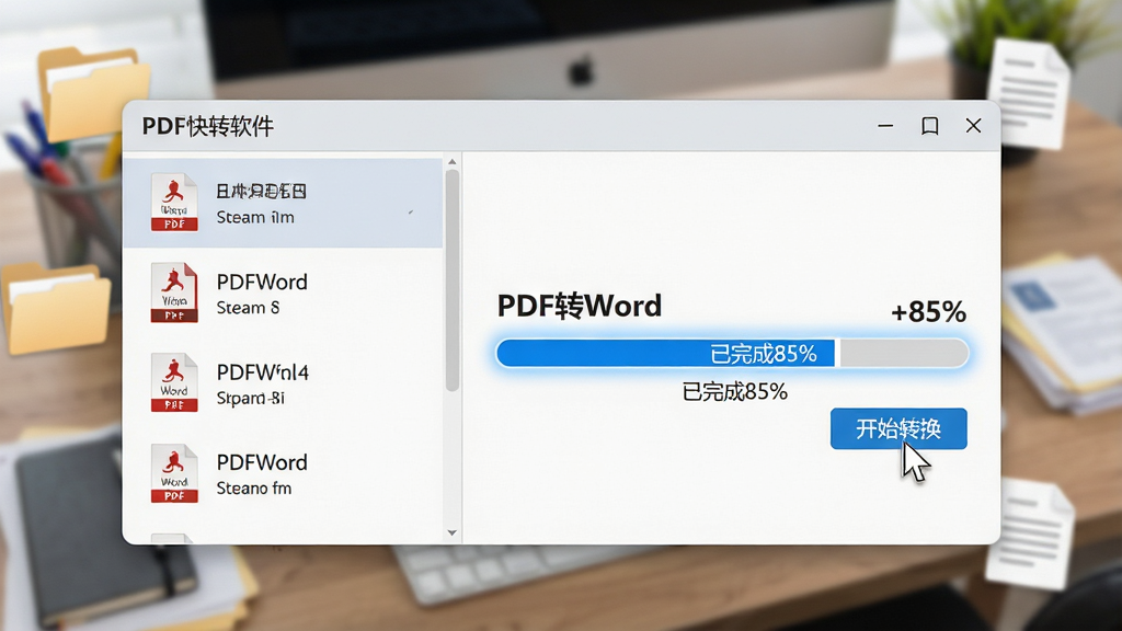 ���壺PDF��ת��������������д�������PDF�ļ��б����Ҳ���ʾ��PDFתWord��ת��������������Ϊģ���İ칫���档���֣�����ռ�ݻ������룬ת��������������ʾ����Χ����ɢ���ļ��к��ĵ�ͼ�ꡣ�Ű棺���ҷ������֣����������аٷֱ����֡���񣺸ɾ���רҵ���߷��ǳ������ɫ���䡣ϸ�ڣ��ļ��б����м���PDF�ļ����ƣ���������ʾ�������85%�������ָ��ͣ���ڡ���ʼת������ť�ϡ����ʣ�����ϸ�壬�ɾ����޶���Ԫ�ء�