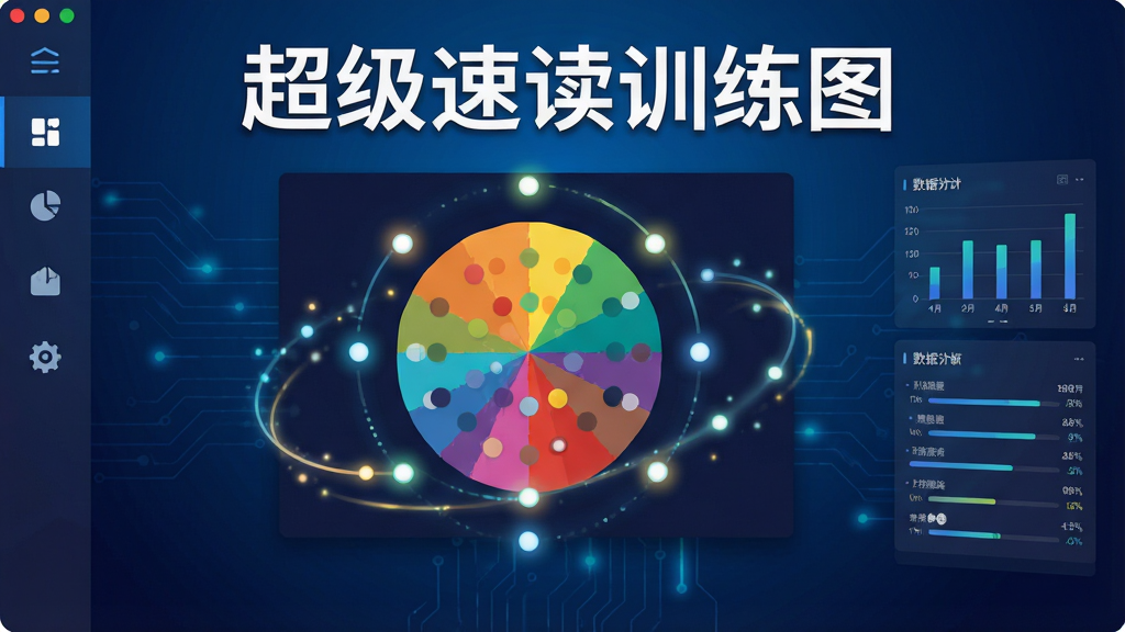 主视觉展示超级速读训练图软件界面,中央是一张色彩鲜明的训练图谱,周围环绕着动态光点引导视线移动,背景为深蓝色科技感渐变,布局采用左右对称排版,左侧为功能菜单图标,右侧为数据统计面板,整体风格扁平化设计,画质高清干净,无多余元素,图片中文字标注“超级速读训练图”