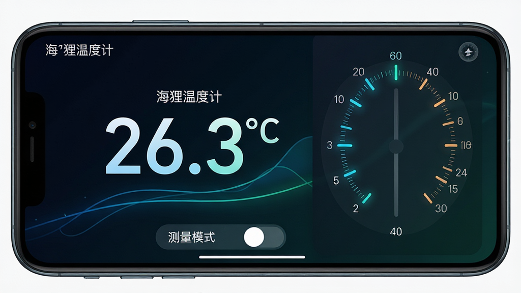 主体:海狸温度计软件在手机上显示高精度测温界面,温度数值26.3℃;布局:手机横屏展示,左侧为温度数值,右侧为温度刻度表;排版:界面文字清晰,温度数值居中放大,刻度表分布均匀;风格:科技感风格,深色背景搭配蓝绿色渐变线条;细节:屏幕上有“海狸温度计”字样,刻度表有高亮指示线,底部有测量模式切换按钮;画质:高清渲染,干净无多余元素