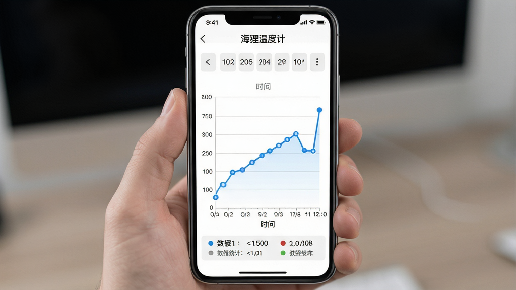 主体:海狸温度计软件的历史数据界面,显示温度折线图;布局:手机屏幕竖向,上方为日期选择器,下方为折线统计图;排版:折线图清晰,坐标轴标注温度与时间,数据点有圆点标记;风格:商务简洁风格,白色背景,蓝色线条;细节:屏幕上有“海狸温度计”字样,图表下方有数据统计摘要;画质:高清渲染,干净无多余元素