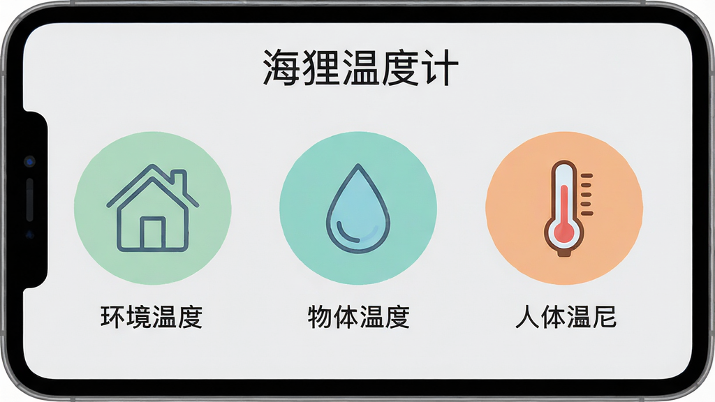 主体:海狸温度计软件界面展示三种测温模式图标;布局:三个圆形图标横向排列,每个图标下方有文字标签;排版:图标大小一致,颜色区分明显,背景为浅灰色;风格:简约清新,图标采用线条风格,色彩柔和;细节:图标分别为环境温度(房屋)、物体温度(水滴)、人体温度(体温计),屏幕上方有“海狸温度计”字样;画质:高清渲染,干净无多余元素