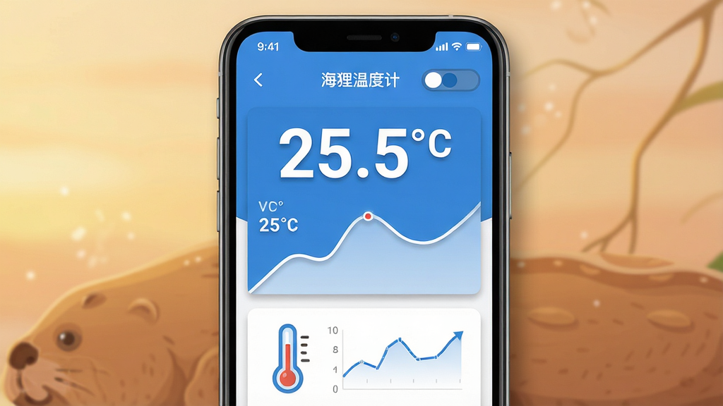 主体:海狸温度计软件界面在手机屏幕上显示,界面简洁清晰,温度数值醒目;布局:手机居中,屏幕朝前,周围有柔和的暖色背景,底部有温度计图标和数据图表;排版:界面中显示温度数字25.5℃,配有温度曲线图,整体排版规整;风格:现代扁平化设计,色彩清新,以蓝色和白色为主色调;细节:屏幕上有“海狸温度计”字样,温度单位可切换,界面边缘有轻微的阴影效果;画质:高清渲染,画面干净,无多余元素