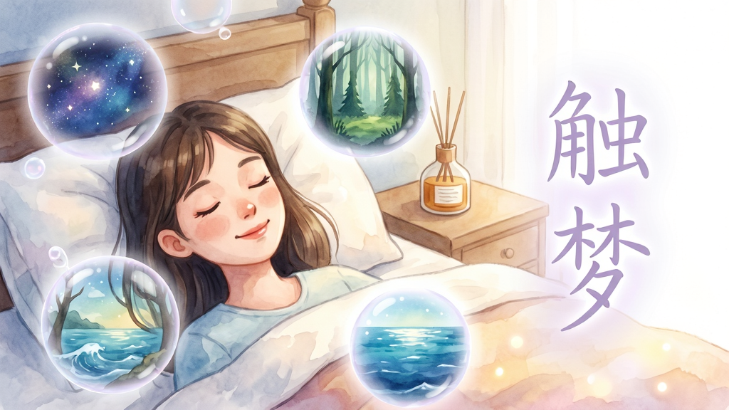 主体:一位年轻女性闭眼微笑躺在床上,周围环绕着半透明梦幻气泡,气泡内浮现星空、森林与海洋等奇幻景象;布局:人物居中偏左,右侧留白放置“触梦”字样及柔和光效;排版:文字竖排于右侧,字体为纤细手写体,颜色淡紫;风格:治愈系插画,水彩质感,光影柔和;细节:气泡边缘泛着微光,被子纹理自然,床头有助眠香薰;画质:高清细腻,色彩过渡平滑,干净无多余元素