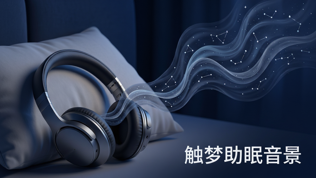 主体:耳机与枕头组合场景,耳机中飘出流动的音波纹理;布局:耳机置于左下角,音波向右上方扩散延伸;排版:右下角标注“触梦助眠音景”字样,字体为无衬线体;风格:写实与抽象结合,光影柔和,背景为深夜蓝;细节:音波纹理中嵌入细小星座图案,枕头材质柔软可见;画质:超清渲染,明暗过渡自然,无多余元素