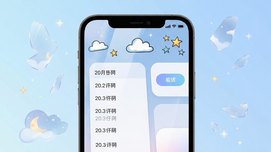 主体:手机屏幕特写显示触梦应用的梦境日记界面,界面中有手绘云朵和星星图标;布局:手机居中,背景为淡蓝色渐变,四周漂浮着半透明的梦境碎片;排版:界面文字清晰可读,左侧为日期列表,右侧为编辑按钮;风格:扁平化设计,搭配柔和渐变与圆角卡片;细节:屏幕反射出柔和光线,背景有微弱星光点缀;画质:高清锐利,色彩明快,干净无多余元素