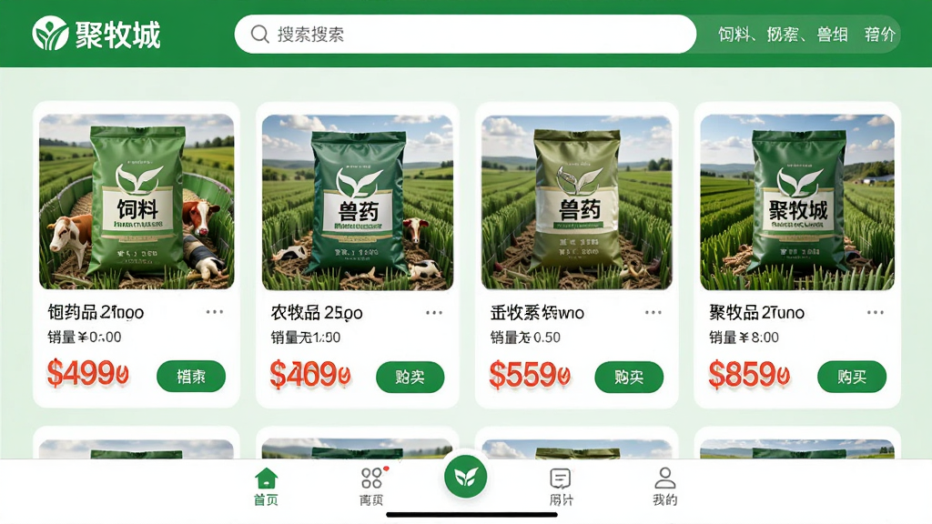 ���壺������APP�ɹ�ҳ�棬չʾ���ϡ���ҩ����Ʒ�б������۸�͹���ť�����֣���Ʒ��Ƭʽ���У�����Ϊ���������ײ�Ϊ���������Ű棺��Ϣ�������۸��������Ŀ��ʾ����񣺵��̷����ũҵ�Ƽ���ϣ�ϸ�ڣ���ƷͼƬ�����������С������ǡ�LOGO������Ϊ����ɫ�����ʣ����壬�ɾ��޶���Ԫ��