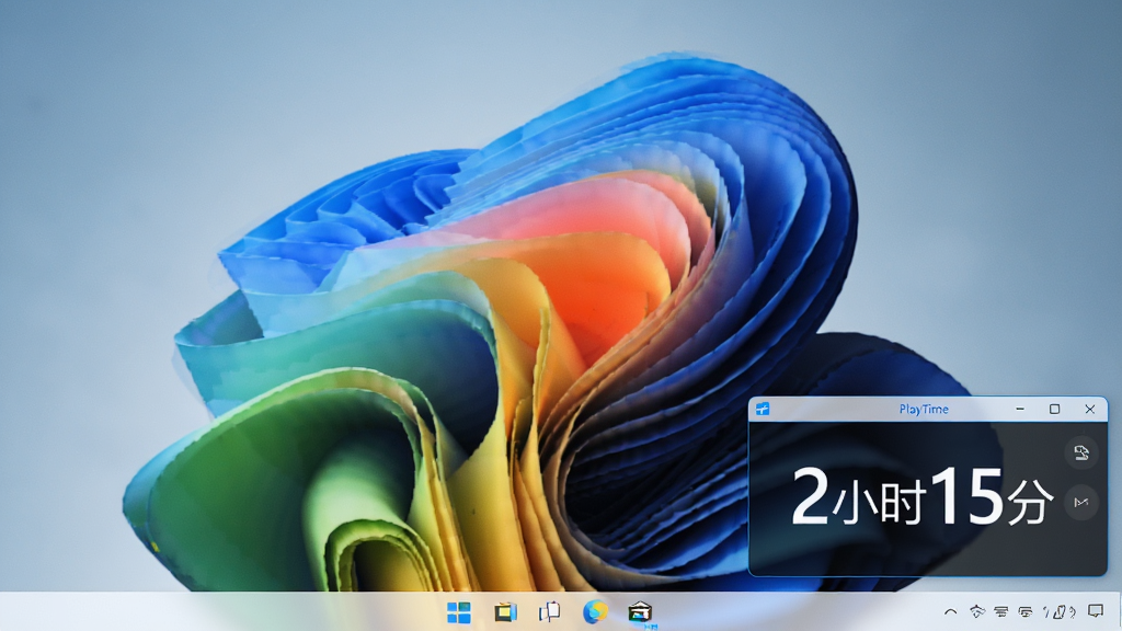 PlayTime����������Windows 11�����ϵ�ʵ��ͼ�������ֽΪ���󼸺�ͼ�Σ�PlayTime������λ����Ļ���½ǣ���ʾʱ��ͳ�����֡�2Сʱ15�֡������廷����Ч��ͣ�ͼƬ���дʵ��ϸ�����������ʸ��壬�޶�������