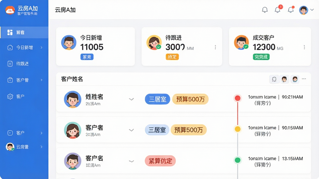 ���壺���Ʒ�A�ӡ��ͻ��������棬չʾ�ͻ��б������ʱ���ߡ����֣��Ϸ�Ϊ�ͻ�ͳ�ƿ�Ƭ���������������������ɽ��ͻ������·�Ϊ����ͻ��б����Ű棺�б�������ͻ�ͷ�������������ǩ���硰�����ҡ���Ԥ��500�򡱣����Ҳ���ʾ�������ʱ�䡣��񣺼�Լ�ִ�����ɫ��������ɫ���ɫ��׺��ʱ�������������ӡ�ϸ�ڣ�ͷ��ʹ�ÿ�ͨͼ�꣬����״̬�ò�ͬ��ɫԲ�����֣���-��������-��������-����ɣ������ʣ�����ϸ�壬�����޶���Ԫ�ء�