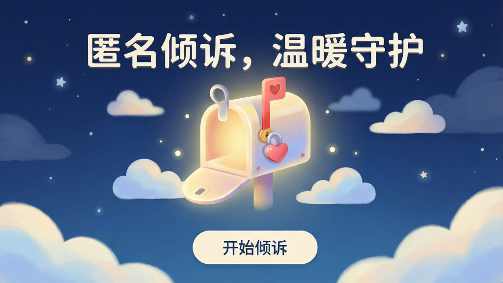 主体:“心语心愿”App的匿名树洞界面,画面中央有一个发光的信箱图标,周围环绕着柔和的光晕和抽象的云朵。布局:信箱位于视觉中心,下方有“开始倾诉”按钮,背景是宁静的夜空蓝与星光。排版:文字“匿名倾诉,温暖守护”显眼,风格:治愈系插画风,细节:信箱上有一把小小的爱心锁,画质干净,无多余元素。