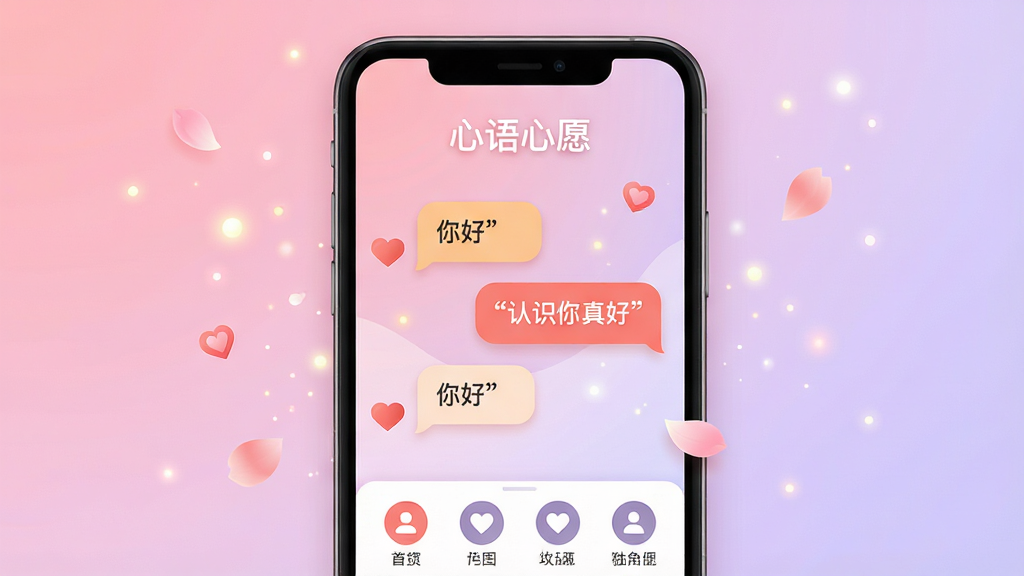 主体:一款名为“心语心愿”的手机应用界面,屏幕上有温暖的对话气泡和爱心图标,背景是柔和的渐变粉色与浅紫色,营造浪漫温馨的社交氛围。布局:手机居中,屏幕内容清晰可见,周围有飘浮的光点与花瓣。排版:界面简洁,上方有“心语心愿”字样,下方为功能图标排列。风格:扁平化,现代感,柔和光线。细节:对话气泡中有“你好”“认识你真好”等文字,画质清晰,干净,无多余元素。