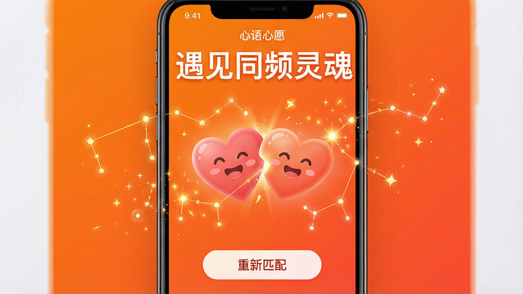 主体:心语心愿App的匹配界面,屏幕上有两个半心形图标正在靠近合并,周围有星座连线与火花特效。布局:匹配动画在屏幕中央,下方有“重新匹配”按钮,背景为活力橙色渐变。排版:大标题“遇见同频灵魂”,风格:动感,现代。细节:半心形上有笑脸,画质高清,干净,无多余元素。