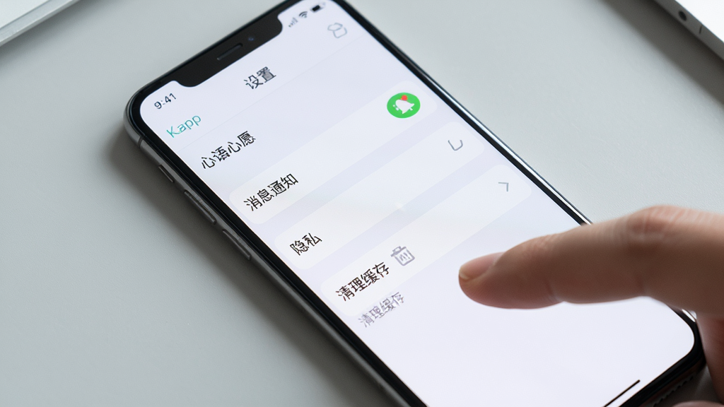 主体:一部智能手机屏幕显示“心语心愿”App的“设置”页面,屏幕上有“消息通知”、“隐私”等选项。布局:手机倾斜45度,背景为浅灰色桌面。排版:屏幕内容清晰可辨。风格:写实,光线自然。细节:手指正点击“清理缓存”选项,画质高清,干净,无多余元素。