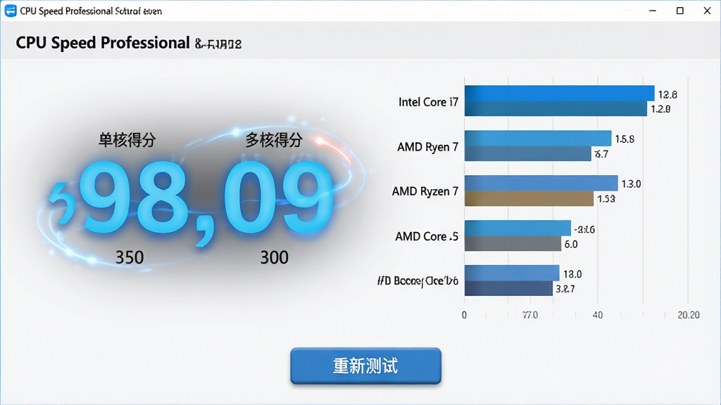 ���壺CPU Speed Professional������׼���Խ��ҳ�棬��ʾ����������Ա���״ͼ����ע�����˵÷֡�����˵÷֡������ݣ����֣�ҳ������Ϊ���͵÷����֣��Ҳ�Ϊ��Intel Core i7��AMD Ryzen 7���ͺŵĶԱ�����ͼ���ײ��С����²��ԡ���ť���Ű棺����չʾ���ü����񣬵÷������ش󣬶Ա�����ͼˮƽ���У���ɫ�������ԣ����ǳɫ��������ɫϵͼ�����������磻ϸ�ڣ��÷����ִ��ж�̬����Ч��������ͼ������ȷ����ť������У����ʣ������������ɾ����޶���Ԫ�ء�
