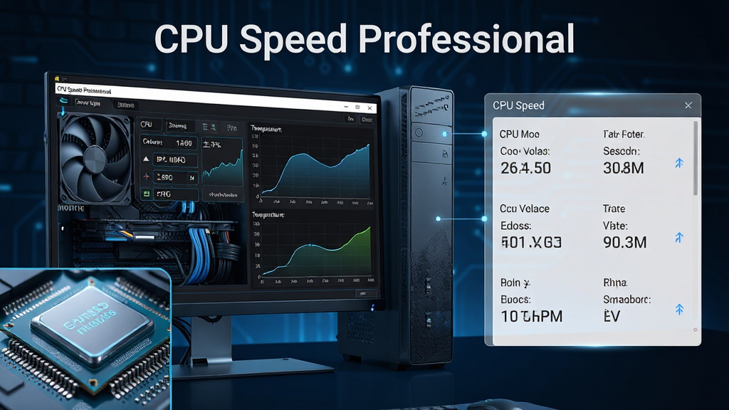 ���壺һ̨�ִ���̨ʽ������������Ļ��ʾCPU Speed Professional�������棬��������CPU�ͺš�����������Ƶ���¶����ߵ�����ͼ�������֣�����λ�ڻ�������ƫ����Ļ���������ɱ棬�Ҳ����������ð�͸��������岹����ʾ���ĵ�ѹ�����ĵȲ������Ű棺������Ϣͼ���������ʵ�����Ҳ���������γ�ƽ�⹹ͼ���������֡�CPU Speed Professional��λ�ڻ����Ϸ����У���񣺿Ƽ���дʵ�������ɫ��Ϊ����������ɫ������ͻ��רҵ��⹤�ߵ��Ͻ���Χ��ϸ�ڣ�CPUоƬ��д�����������Ļ�·�һ�ǣ�ɢ�ȷ���ϸ����������������ƽ�����������ʣ������廭�ʣ�ϸ�ڷḻ���ɾ����޶���Ԫ�ء�