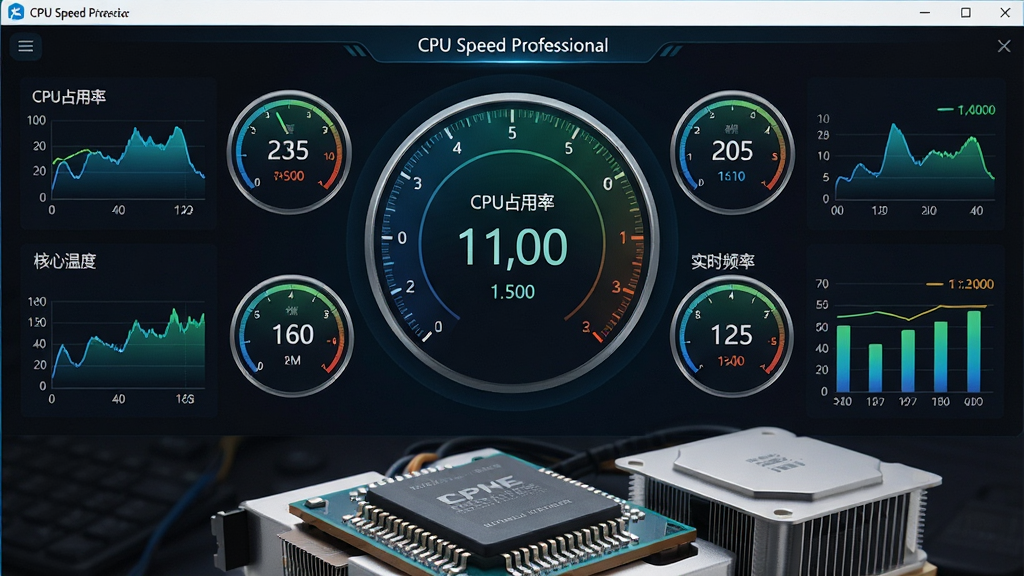 ���壺������Ļ��д����ʾCPU Speed Professionalʵʱ����Ǳ��̣��������Բ���Ǳ�����״ͼ����ע��CPUռ���ʡ��������¶ȡ���ʵʱƵ�ʡ������������֣���Ļռ�ݻ������壬�Ǳ���Ԫ�ؾ��ȷֲ�������ײ���CPUоƬ��ɢ������д���Ű棺�Ǳ��̲������ҶԳ�ʽ���֣�����Ϊ��Ƶ�ʴ���̣����ܻ���С�Ǳ������ֱ�ǩ�����ɶ��������ɫ�Ƽ�����棬���̽��������������Ӿ���η�����ϸ�ڣ���������΢΢�������¶���ֵ��ɫ��ߵͱ仯��оƬ���ϸ�����������ʣ��߷ֱ�����Ⱦ������ɾ����޶���Ԫ�ء�