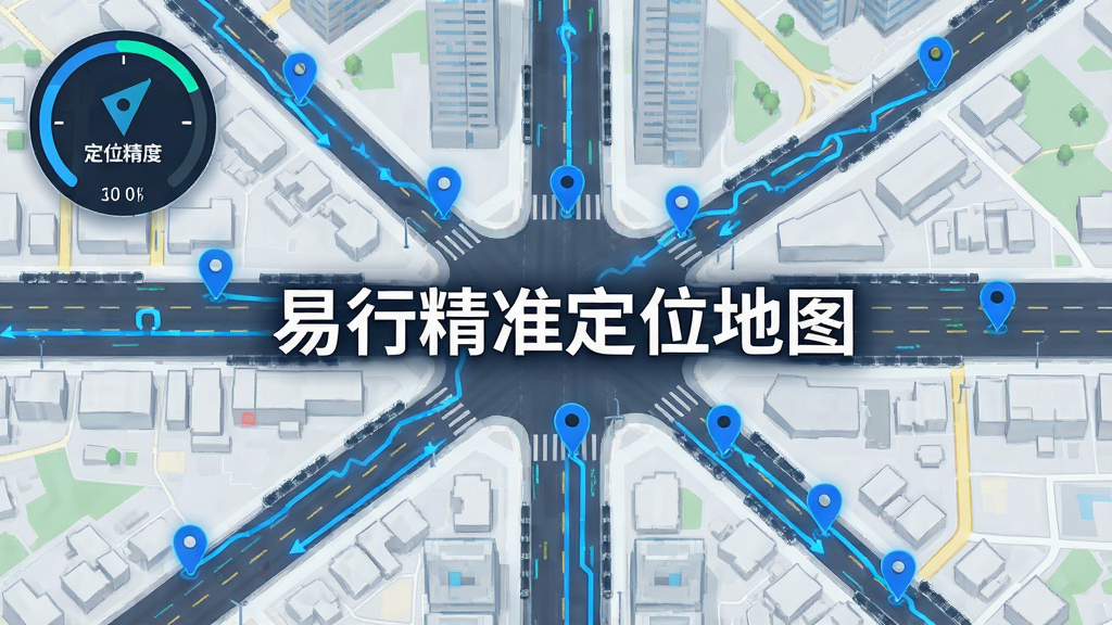 主体为城市街道俯视图,带有多个蓝色定位点与轨迹线,中央显示“易行精准定位地图”字样,布局以地图为主,左上角有定位精度指示环。风格为数字地图渲染风,细节丰富,画质清晰,干净无多余元素。