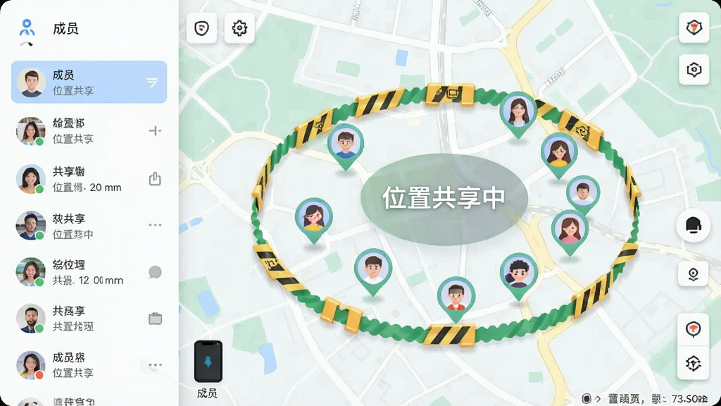 主体为地图上多个头像标记代表共享位置,周围有安全围栏圆圈,界面显示“位置共享中”状态。布局以地图为背景,左侧有成员列表。风格为清新简洁风,细节清晰,画质干净。