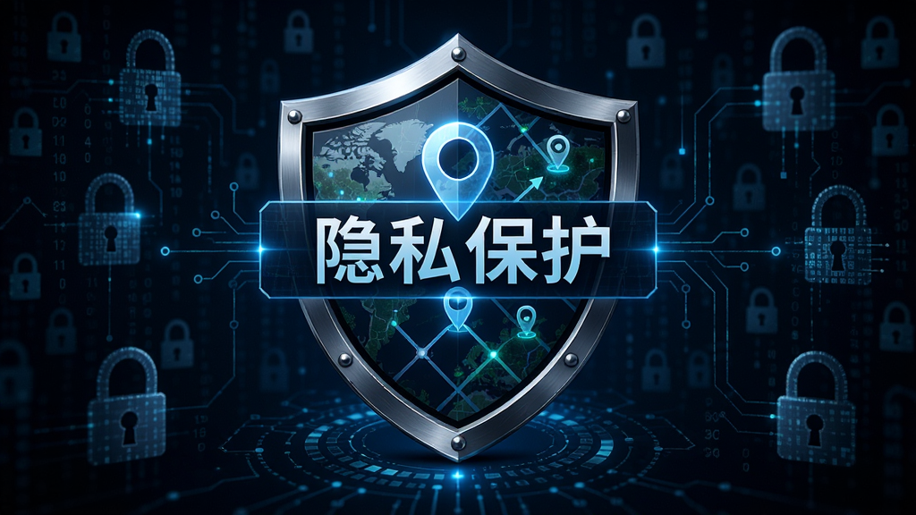 主体为盾牌图标与定位地图结合,背景为数据加密图案,中央显示“隐私保护”字样。布局居中,风格科技感强,细节精致,画质高清。