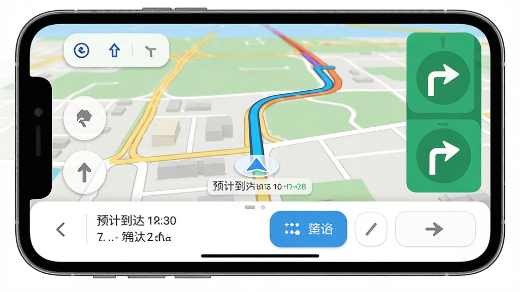 主体为手机导航界面,显示路线规划与实时路况颜色标记,底部有预计到达时间与路线选项卡片。布局以导航地图为主,右侧有转向箭头提示。风格为扁平化UI设计,细节精致,画质高清,干净无多余元素。