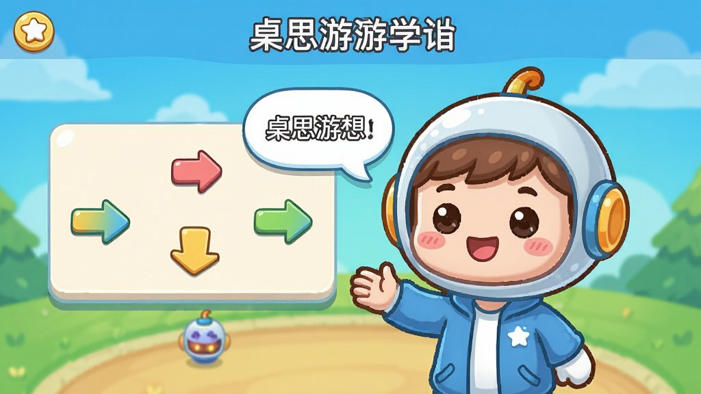 一张桌思游想APP新手引导界面的截图,画面中一个可爱的卡通角色正在为玩家讲解游戏规则,旁边有清晰的操作箭头和文字气泡,界面设计友好,色彩明快,布局清晰,风格卡通可爱,细节到位,画质干净,无多余元素。