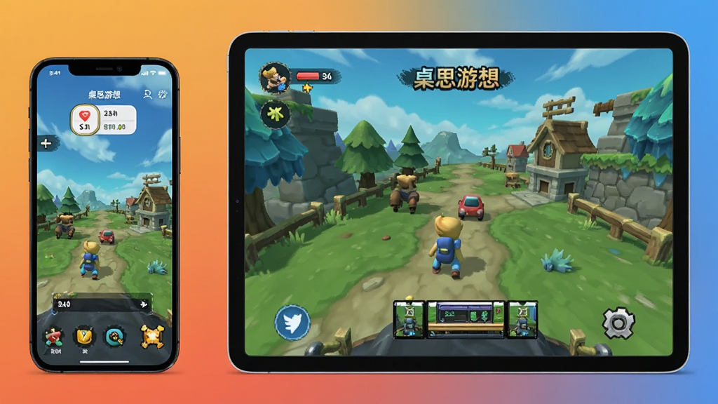 一张展示桌思游想APP在手机和平板上运行的对比图,左侧是手机竖屏界面,右侧是平板横屏界面,画面清晰展示游戏画面在不同屏幕尺寸下的适配效果,背景为渐变色,布局合理,风格现代,细节清晰,画质干净,无多余元素。