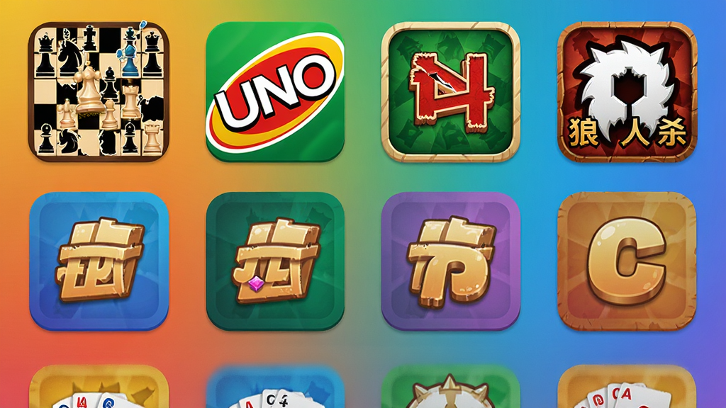一张桌思游想APP游戏大厅的界面设计图,画面上以网格形式整齐排列着多种桌游图标,如国际象棋、UNO、斗地主、狼人杀等,每个图标都设计精美、色彩鲜明,背景采用渐变色,整体排版整洁有序,风格现代,细节丰富,画质干净,无多余元素。
