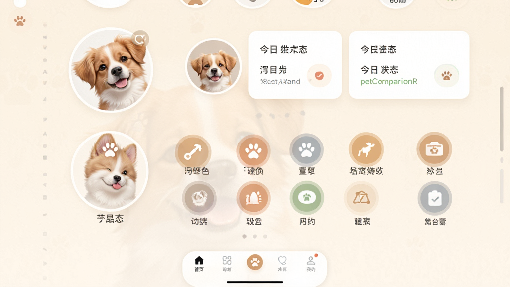 һ��չʾpetCompanionRӦ��������ĸ����ͼ����������ů���װ�ɫΪ��ɫ���������ǳ���ɰ���ͷ��ͽ���״̬��Ƭ���м���������Բ�ι��ܰ�ťͼ�꣬�ײ�Ϊ�����������������ִ���UI���ֹ��������ʸɾ����޶���Ԫ�أ�ͻ������������ܰ��Χ��ͼƬ�в��������֡�